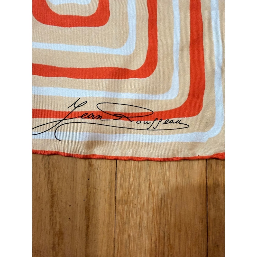 Jean Rousseau Vintage Silk Scarf Orange White Geometric Spiral Mod Square 26in - Picture 3 of 3